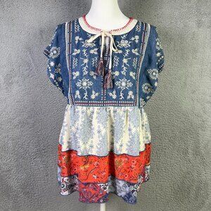 John Mark Top Womens M Blue Floral Embroidered Split V-Neck Tassel Tie Blouse